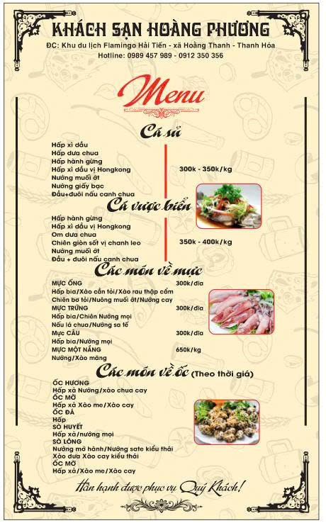 Thực đơn cá mực ốc – Nhà hàng Hoàng Phương