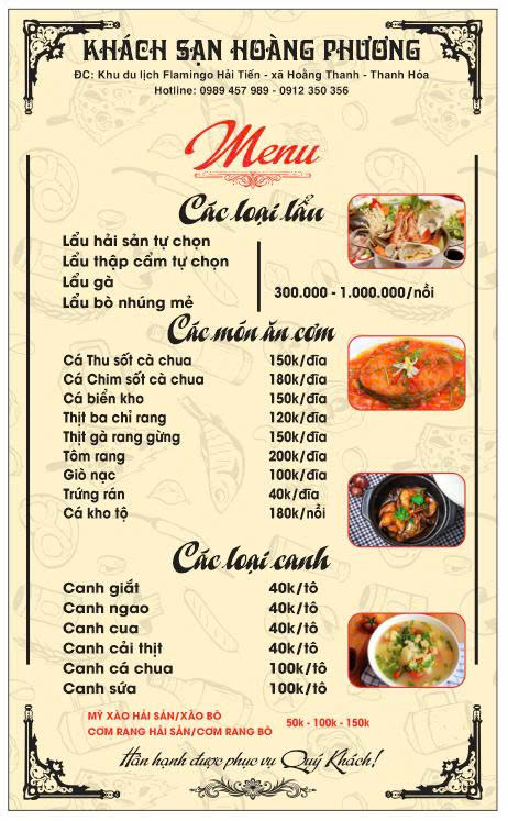 Thực đơn lẩu cơm canh – Nhà hàng Hoàng Phương