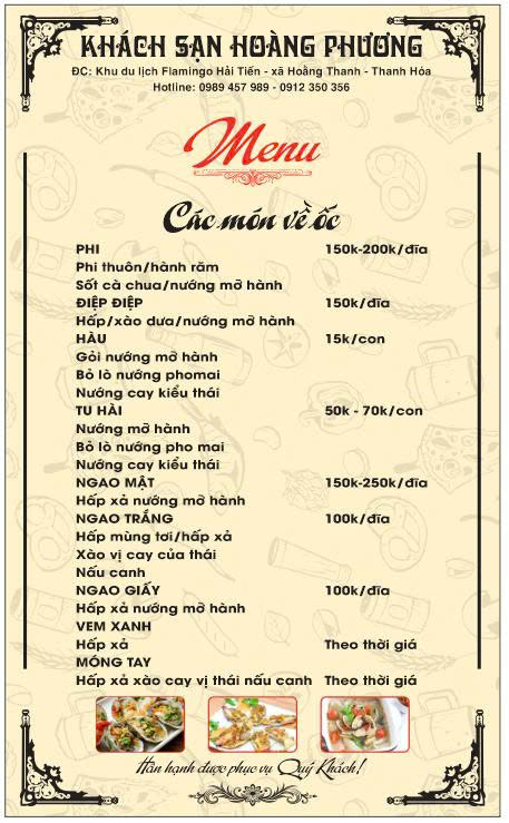 Thực đơn các món ốc – Nhà hàng Hoàng Phương