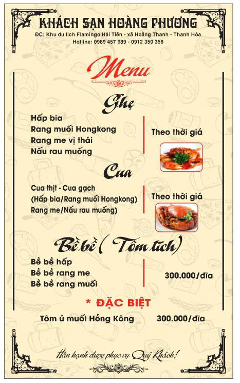 Thực đơn cua ghẹ bề bề – Nhà hàng Hoàng Phương